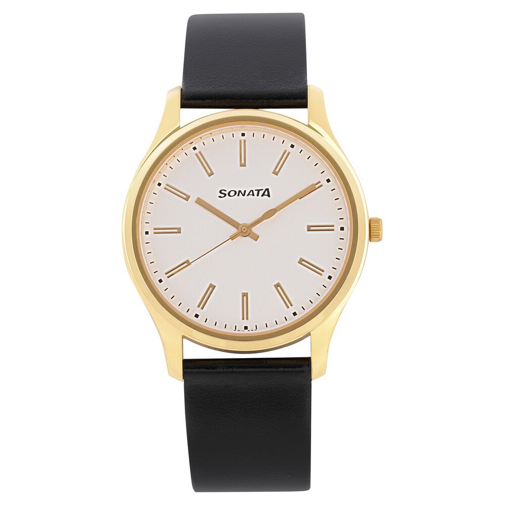 Buy Online Sonata Quartz Analog White Dial Leather Strap Watch for Men np77082yl02w Sonata