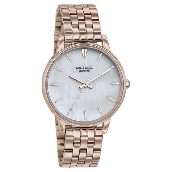 Sonata Poze Quartz Analog Mother of Pearl Round Dial Rose Gold Stainless Steel Strap Watch For Women - image number 2