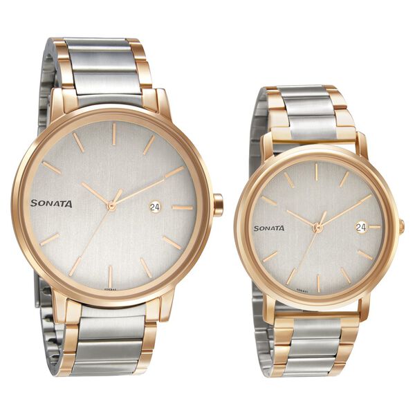 Sonata Quartz Analog with Date White Dial Metal Strap Watch for Couple - image number 0