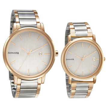 Sonata Quartz Analog with Date White Dial Metal Strap Watch for Couple