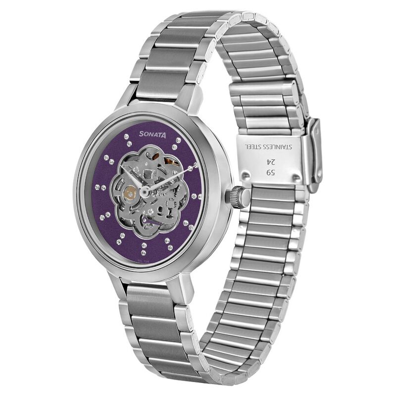 Sonata Unveil Quartz Multifunction Purple Dial Stainless Steel Strap Watch for Women - image number 1