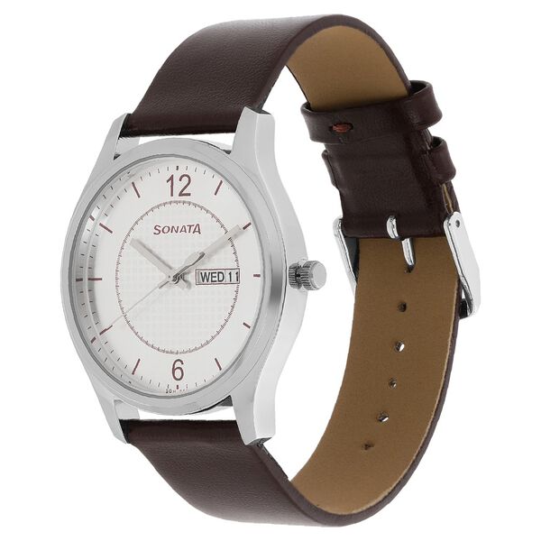 Sonata Quartz Analog with Day and Date Silver Dial Leather Strap Watch for Men - image number 2