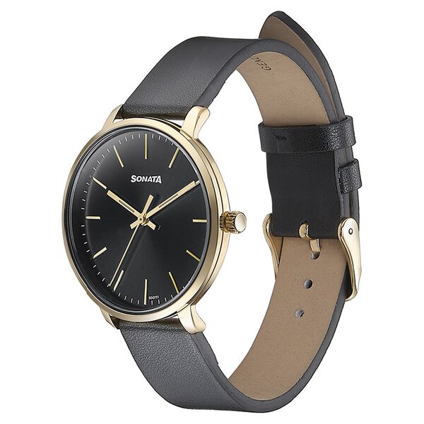 Sonata Quartz Analog Black Dial Black Leather Strap Watch For Women - image number 3