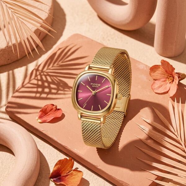 Poze By Sonata Quartz Analog Pink Dial Golden Metal Strap Watch For Women - image number 0