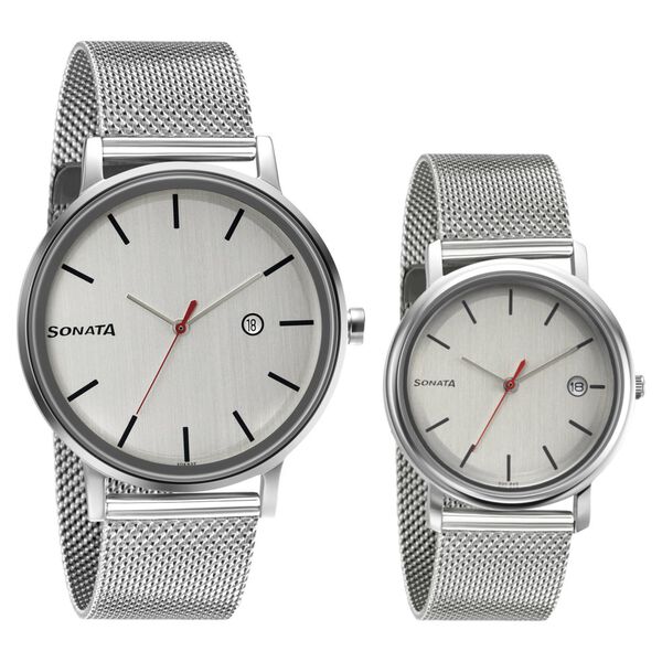 Sonata Quartz Analog with Date White Dial Metal Strap Watch for Couple - image number 0