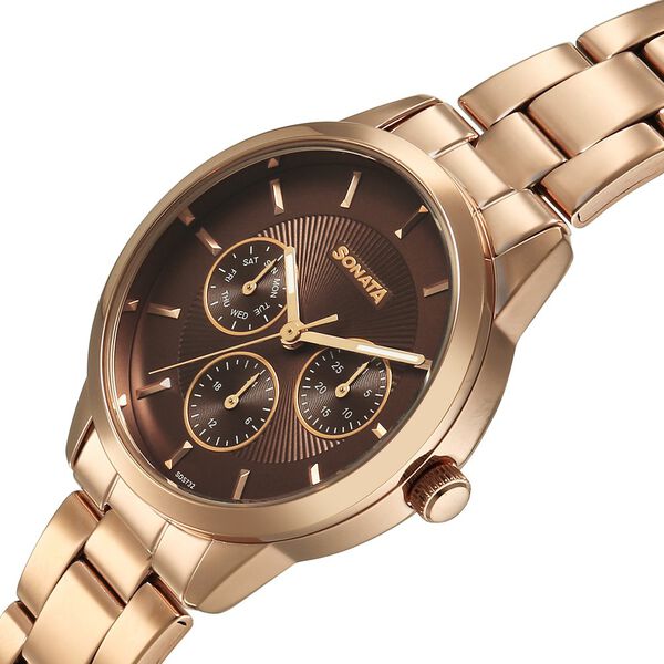 Sonata Festive Quartz Multifunction Brown Dial Metal Strap Watch For Women - image number 2