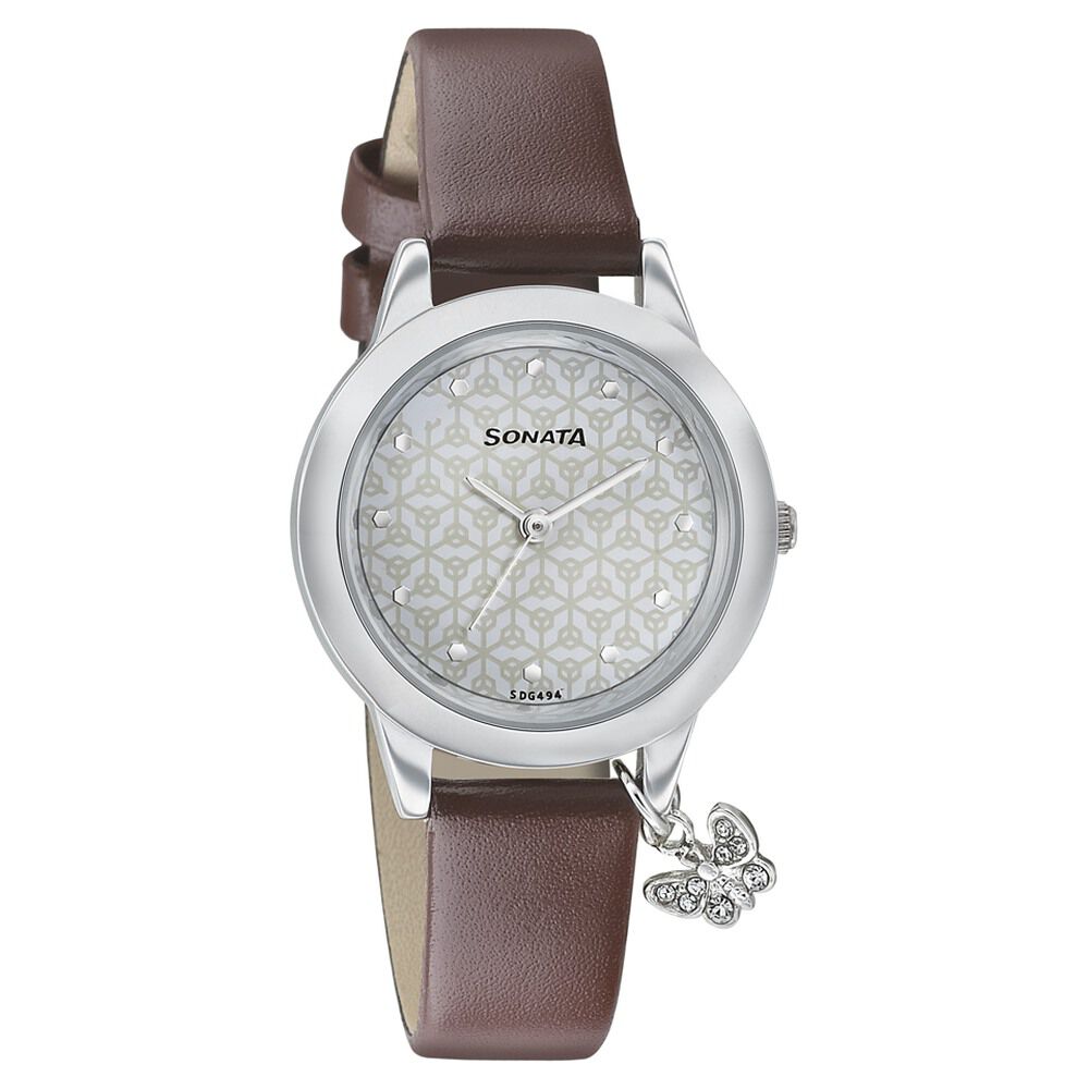 Buy Online Sonata Charmed White Dial Women Watch With Leather Strap nn87019sl05 Sonata