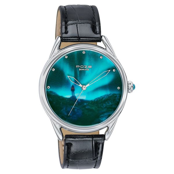 Northern Lights Inspired Poze By Sonata Quartz Analog Blue Dial Black Leather Strap Watch - image number 2