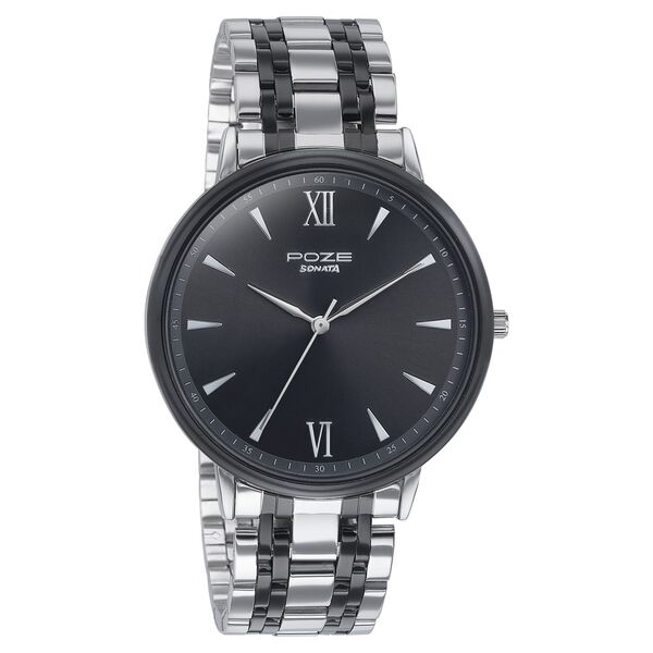 Sonata Poze Quartz Analog Black Dial Silver Metal Strap Watch For Men - image number 2