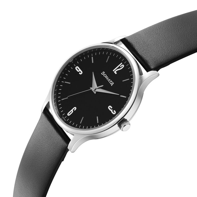 Sonata Aspire Quartz Analog Black Dial Leather Strap Watch for Men