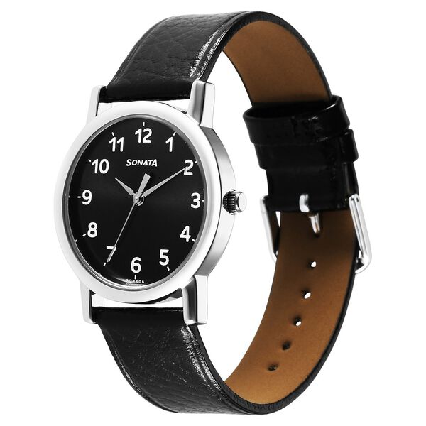 Sonata Classic Quartz Analog Black Dial Black Leather Strap Watch for Men - image number 1