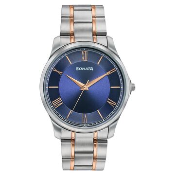 Sonata Traditional Essentials Blue Dial Silver & Rose Gold-Tone Stainless Steel Strap Watch