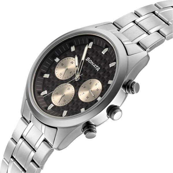 Sonata Summit Quartz Multifunction Black Dial Silver Metal Strap Watch For Men - image number 4
