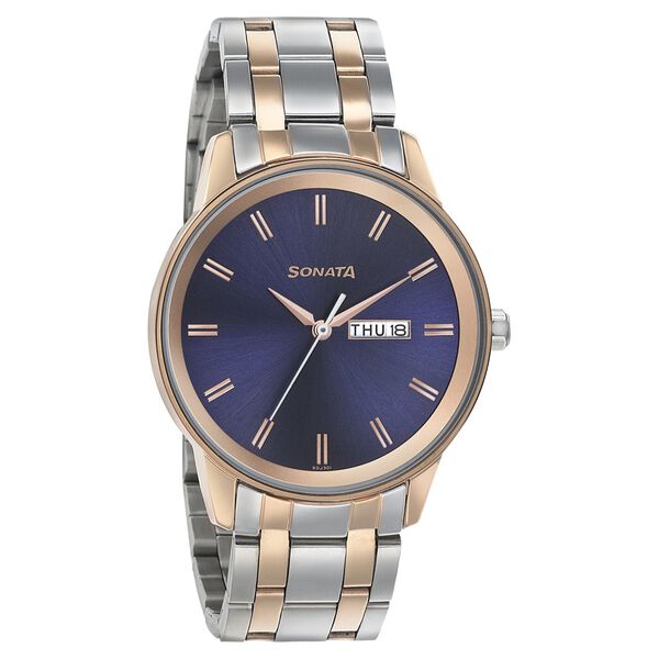 Sonata Quartz Analog with Day and Date Blue Dial Bimetal Strap Watch for Men - image number 0
