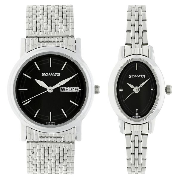 Sonata Quartz Analog with Day and Date Black Dial Metal Strap Watch for Couple - image number 0