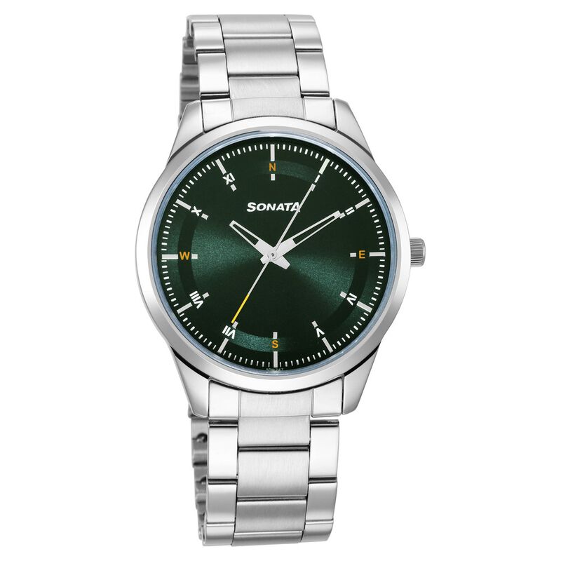 Sonata Force Quartz Analog Green Dial Stainless Steel Strap Watch for Men