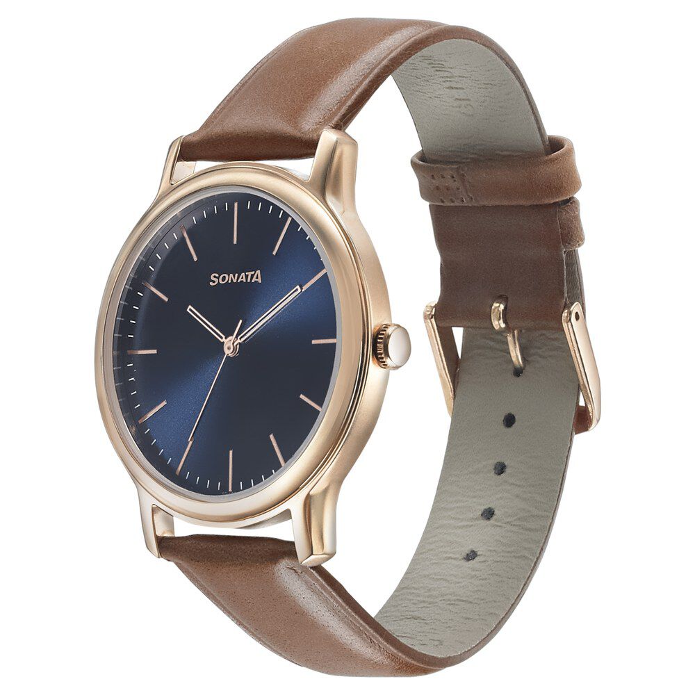Sonata Beyond Gold Quartz Analog Blue Dial Leather Strap Watch for Men