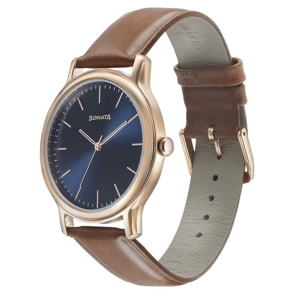 Sonata Beyond Gold Quartz Analog Blue Dial Leather Strap Watch for Men - image number 1