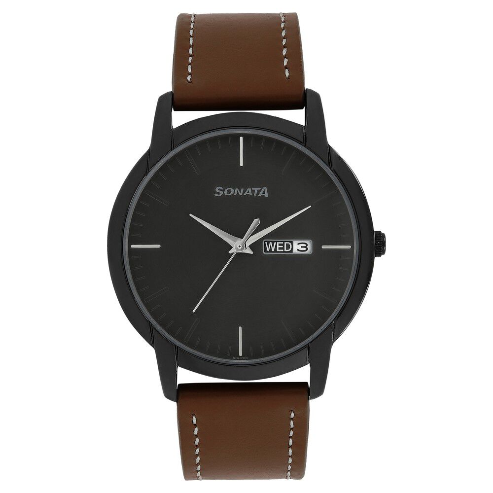 Buy Online Sonata Quartz Analog with Day and Date Anthracite Dial Leather Strap Watch for Men np77031nl04 Sonata