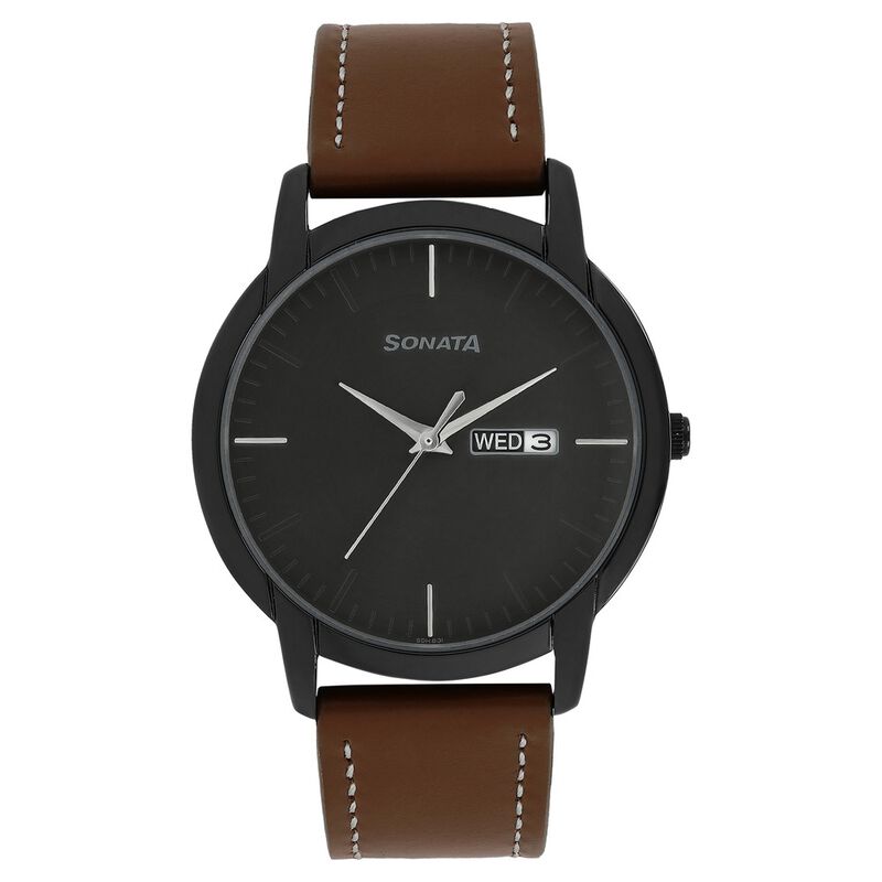 Sonata Quartz Analog with Day and Date Anthracite Dial Leather Strap Watch for Men - image number 0