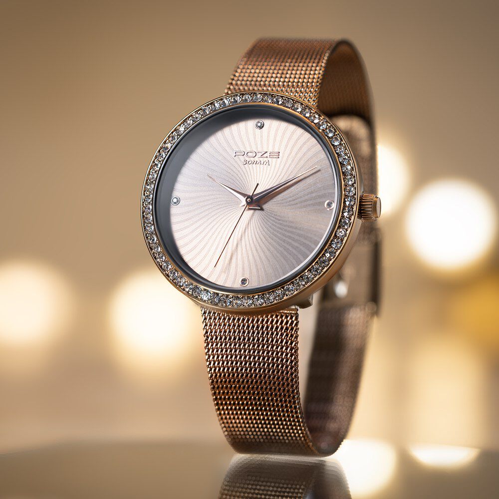 Sonata Poze Quartz Analog Brown Dial Mesh Strap Watch for Women