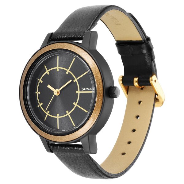 Sonata Pop Black Dial Women Watch With Leather Strap - image number 1