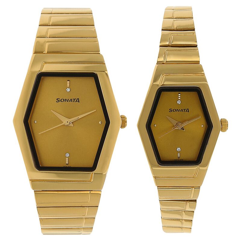 Sonata Quartz Analog Golden Dial Stainless Steel Strap Watch for Couple - image number 0