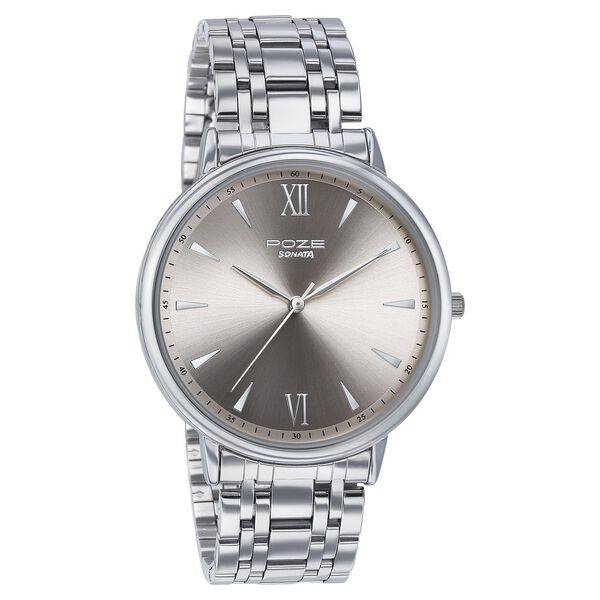 Sonata Poze Quartz Analog Rose Gold Dial Silver Metal Strap Watch For Men - image number 2