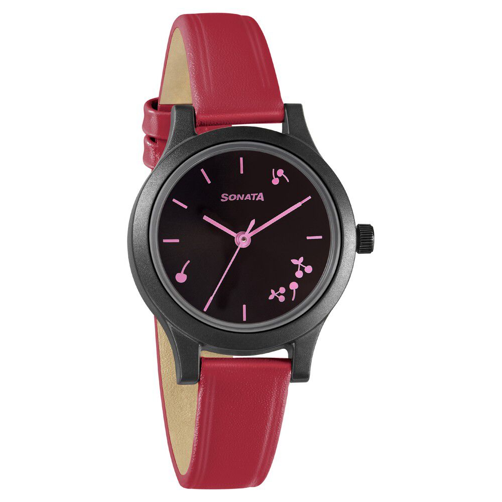 Sonata Play Black Dial Women Watch With Leather Strap