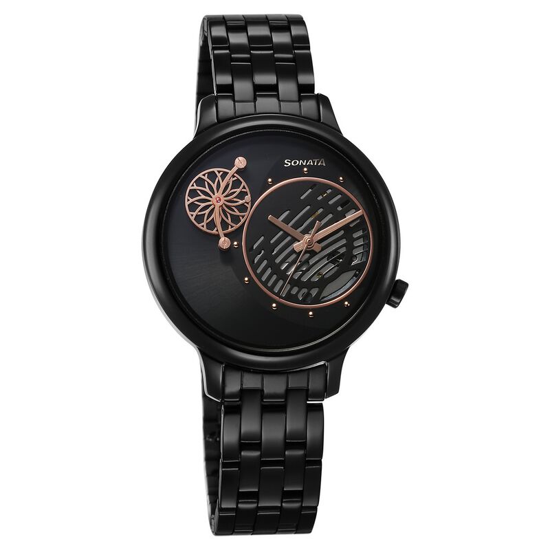 Buy Online Sonata Unveil Quartz Analog Black Dial Metal Strap
