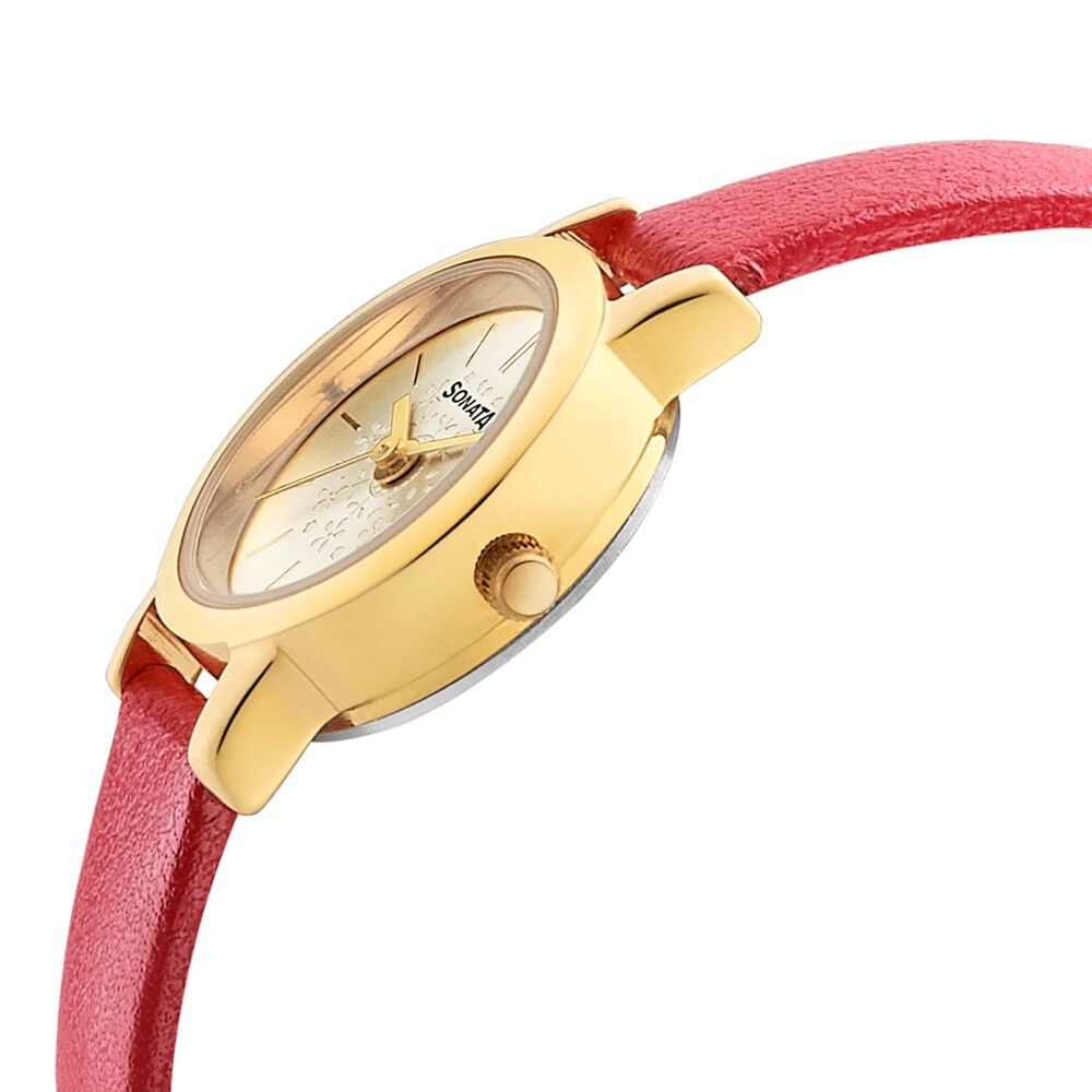 Sonata Floral Folkart Champagne Dial Women Watch With Leather Strap