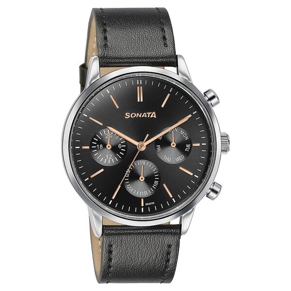 Sonata Quartz Multifunction Black Dial Black Leather Strap Watch For Men - image number 2