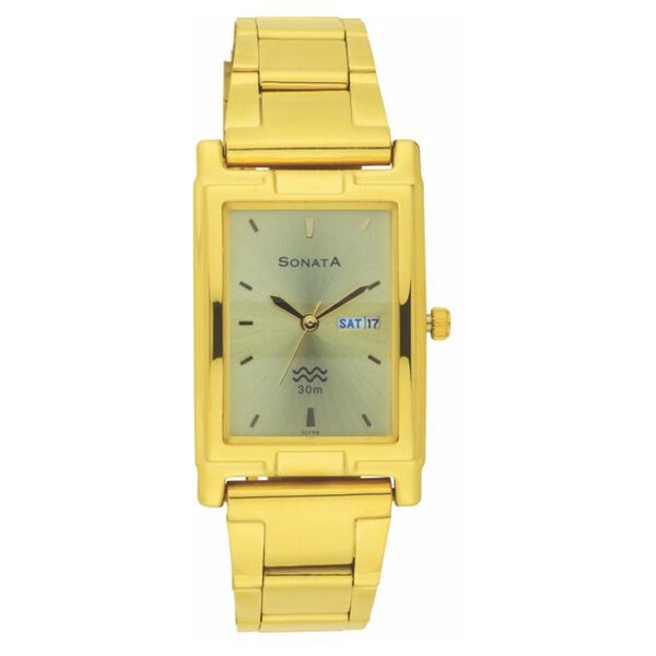 Sonata Quartz Analog with Day and Date Champagne Dial Stainless Steel Strap Watch for Men - image number 0