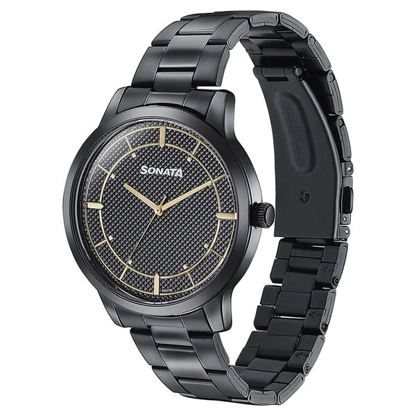 Sonata Quartz Analog Black Dial Black Stainless Steel Strap Watch For Men - image number 3