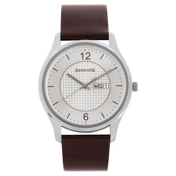 Sonata Quartz Analog with Day and Date Silver Dial Leather Strap Watch for Men