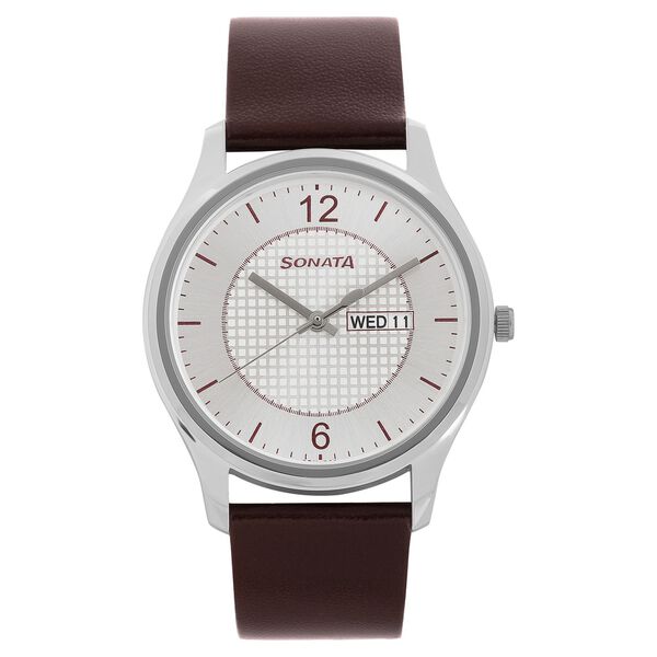 Sonata Quartz Analog with Day and Date Silver Dial Leather Strap Watch for Men - image number 0