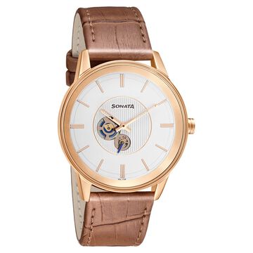 Sonata Quartz Multifunction Silver Dial Leather Strap Watch for Men