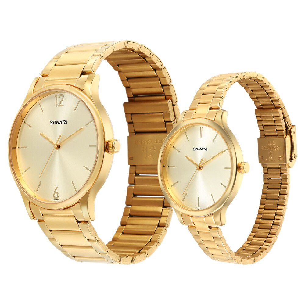 Buy Online Sonata Pair Quartz Analog Champagne Dial Stainless Steel Strap Watch for Couple 7710587050ym01 Sonata