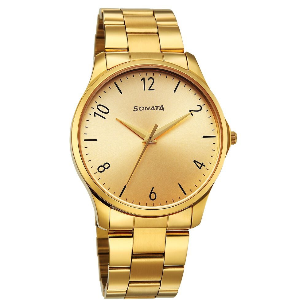 Sonata Traditional Essentials Quartz Analog Champagne Dial Golden Metal Strap Watch For Men-image-13