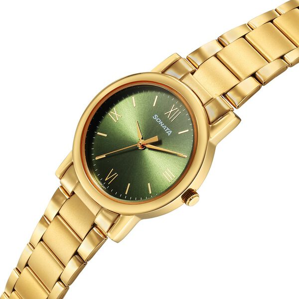 Sonata Classic Quartz Analog Green Dial Golden Stainless Steel Strap Watch for Men - image number 2