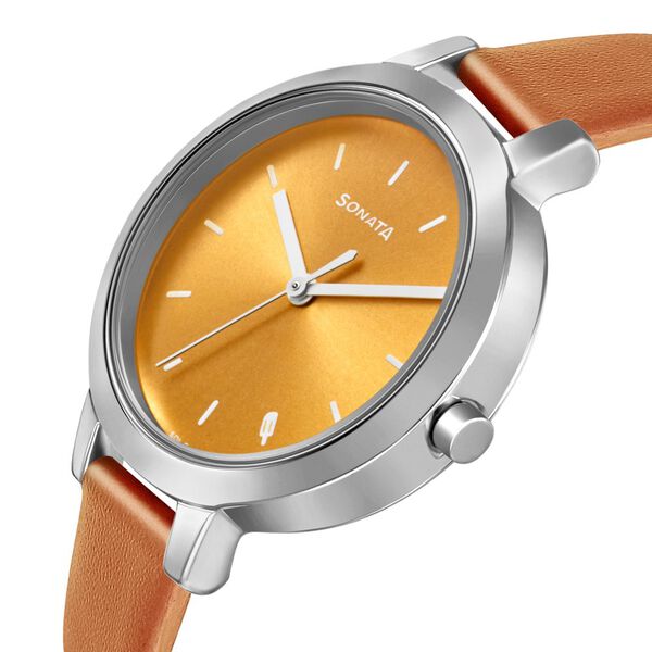 Sonata Play Yellow Dial Women Watch With Leather Strap - image number 2