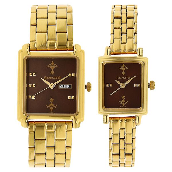 Sonata Quartz Analog with Day and Date Brown Dial Metal Strap Watch for Couple - image number 0