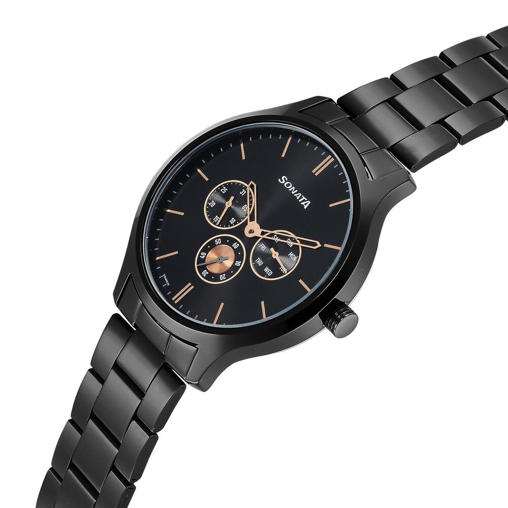 Sonata Quartz Multifunction Black Dial Stainless Steel Strap Watch