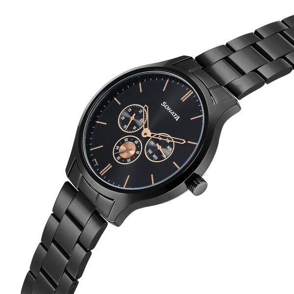 Sonata Quartz Multifunction Black Dial Stainless Steel Strap Watch for Men - image number 2