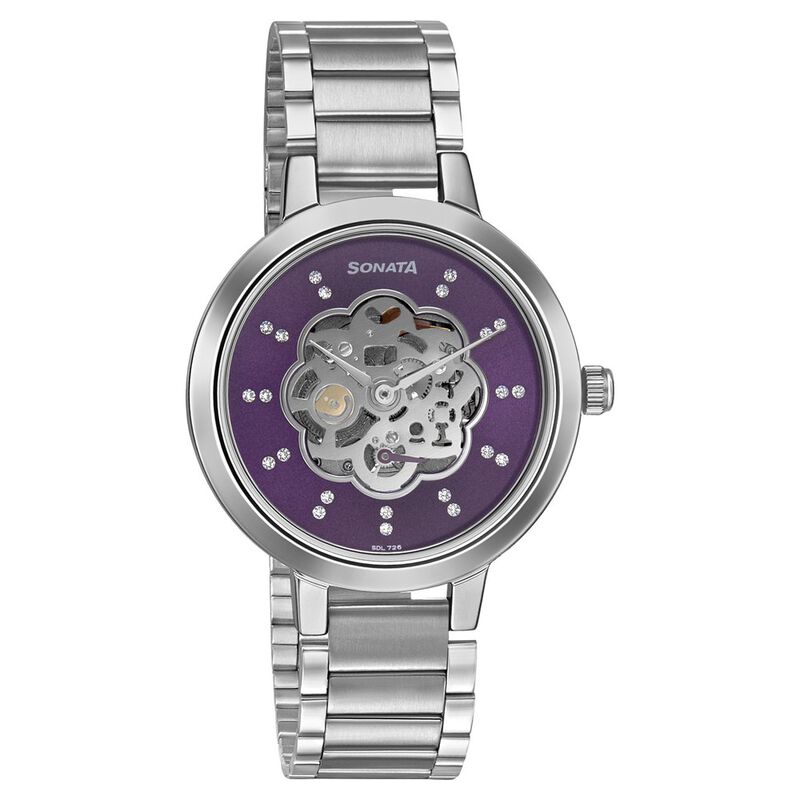 Sonata Unveil Quartz Multifunction Purple Dial Stainless Steel Strap Watch for Women - image number 0