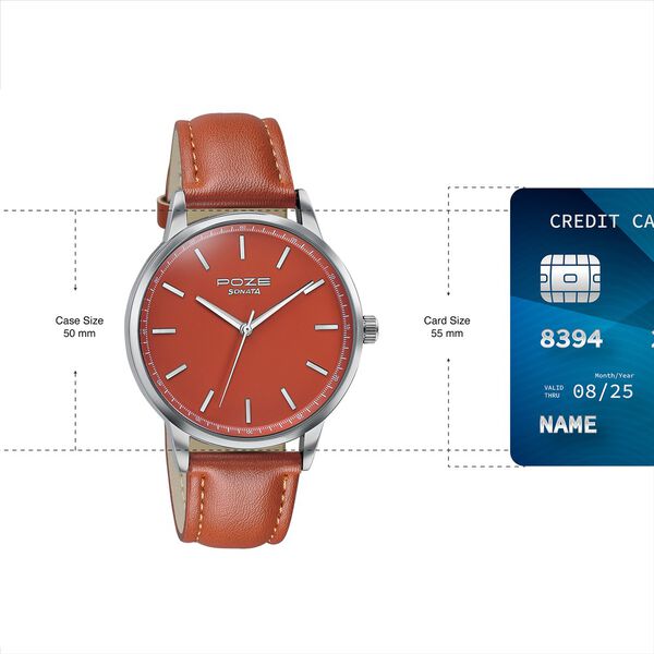 Poze By Sonata Quartz Analog Orange Dial Orange Leather Strap Watch For Men - image number 3
