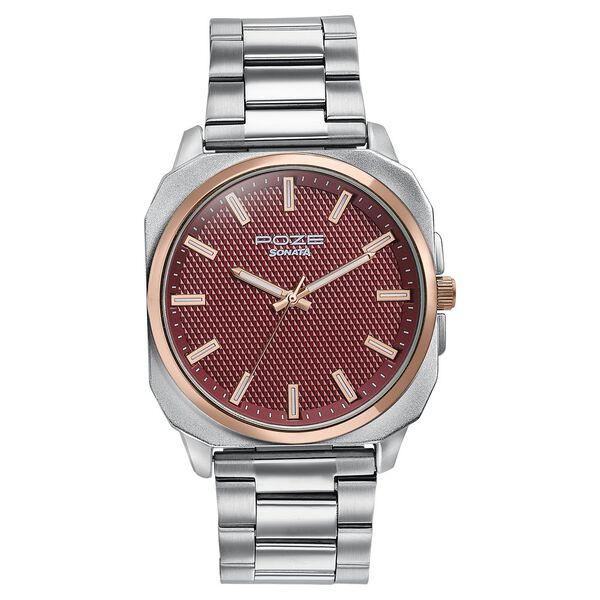 Sonata Poze Quartz Analog Red Dial Silver Metal Strap Watch For Men - image number 1