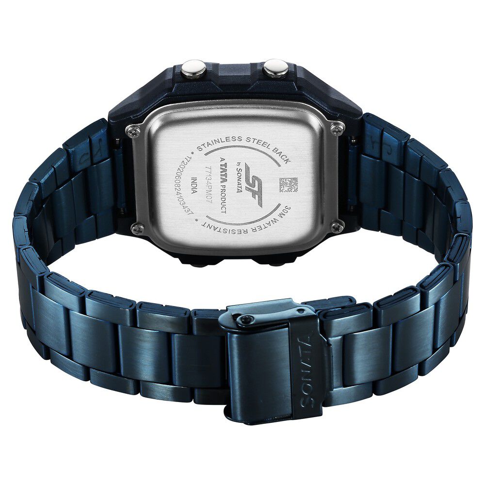 Buy Online Sonata Hexa Digital Black Dial Blue Color Stainless Steel Strap Watch For Unisex 77134pm07w p Sonata
