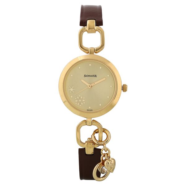 Sonata Charmed Champagne Dial Women Watch With Leather Strap - image number 0