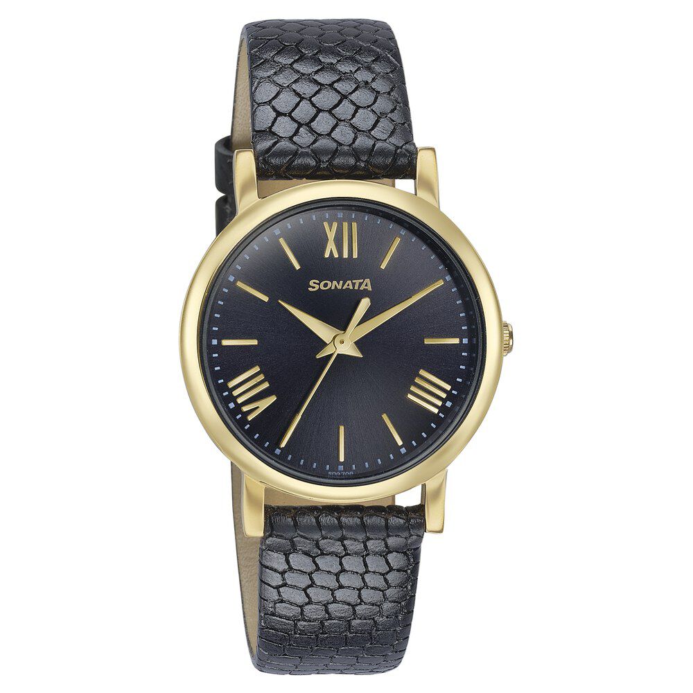 Buy Online Sonata Glam Gold Quartz Analog Black Dial Leather Strap Watch For Women 87063yl04w Sonata